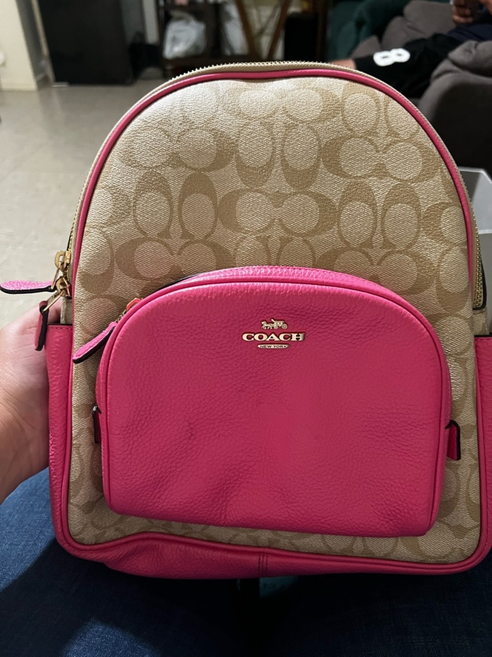 Coach Signature Canvas Mini Backpack with Hot Pink Leather Trim